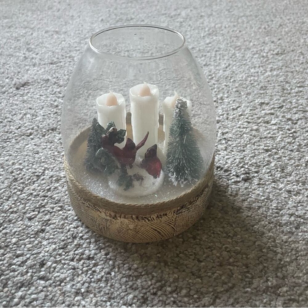 Christmas Globe decoration with Red Cardinal and battery-operated candles
